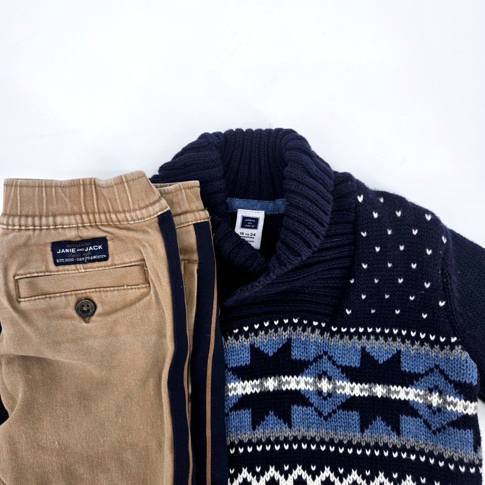 Janie and Jack Boys Shawl Collar Fair Isle Sweater 18-24M Tan Jogger Pant 2T Set
